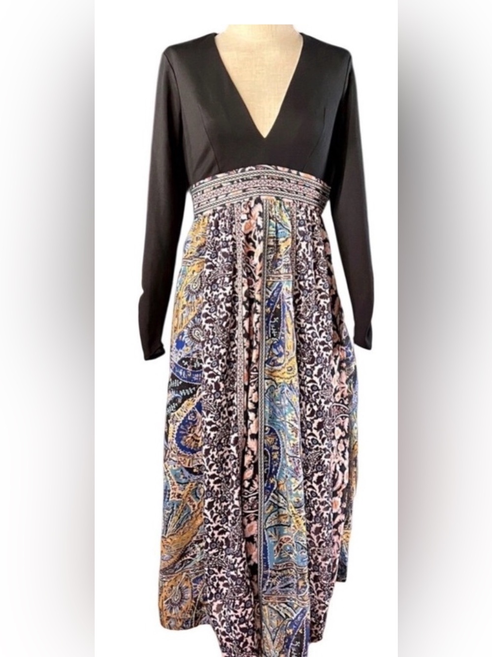 Anthropologie Black Bodice Paisley-Print Long Sleeve Boho Midi Dress - Picture 4 of 13